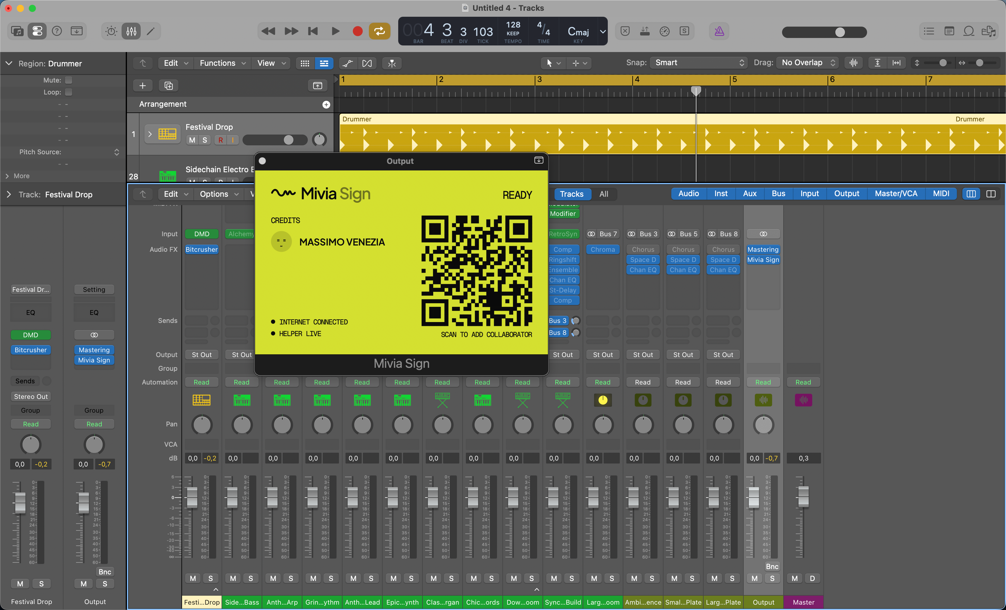 Mivia Sign plugin window open inside Logic Pro on the master bus, showing the Scan-to-add-collaborator QR pane with one credited collaborator and the READY status.